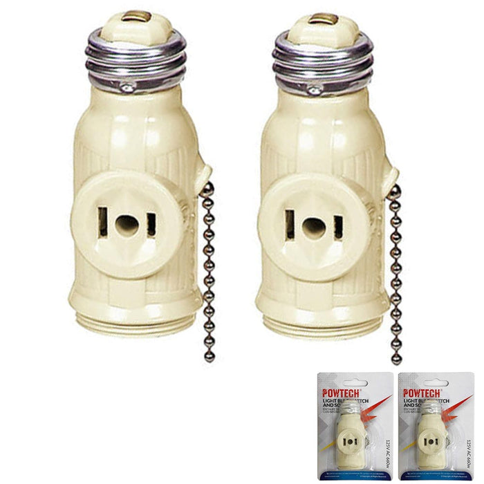 2 Ivory Light Bulb Socket Switch Converter Lampholder Plus Pull Chain 2 Outlets