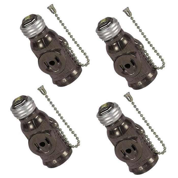 4 Light Bulb Socket 2 Outlets Splitter Switch Light Holder Adapter Pull Chain
