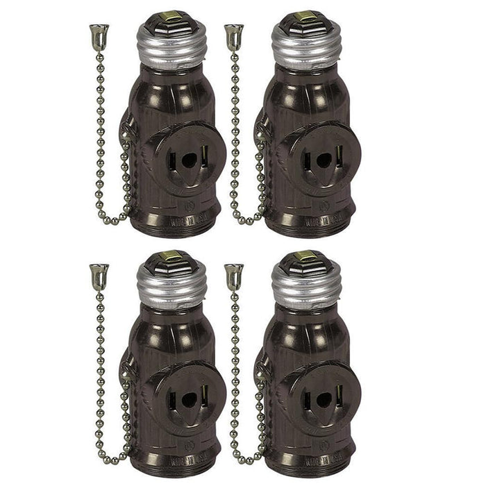 4 Light Bulb Socket 2 Outlets Splitter Switch Light Holder Adapter Pull Chain