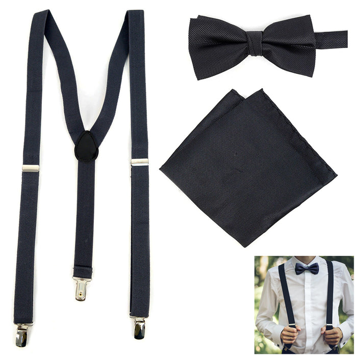 3PC Mens Suspenders + Banded Bow Tie Set Adjustable Metal Clips + Pocket Square