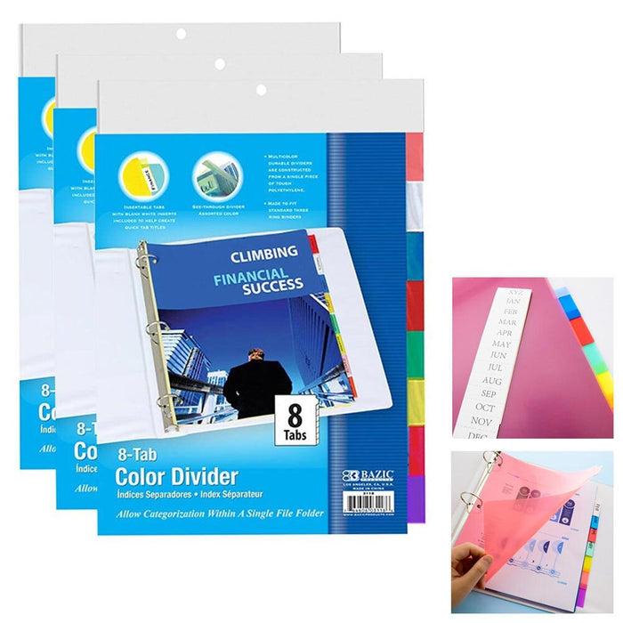 24 X Durable Plastic Binders Dividers Tabs 3 Rings Multicolor Set School Office
