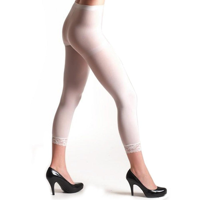 3PC Women Footless Capri Tights Lace Trim Soft Ladies White Opaque Slim One Size