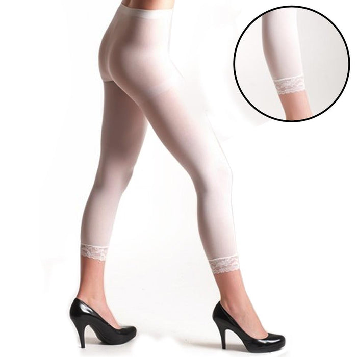3PC Women Footless Capri Tights Lace Trim Soft Ladies White Opaque Slim One Size