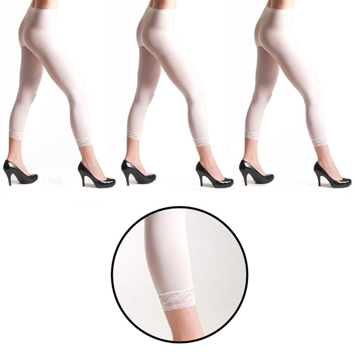 3PC Women Footless Capri Tights Lace Trim Soft Ladies White Opaque Slim One Size