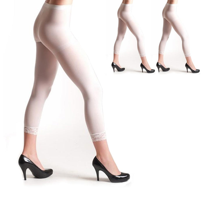 3PC Women Footless Capri Tights Lace Trim Soft Ladies White Opaque Slim One Size