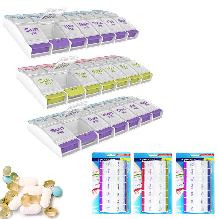 3 Pack Weekly Pill Box Organizer Twice a Day 7 Day AM PM Case Medicine Storage