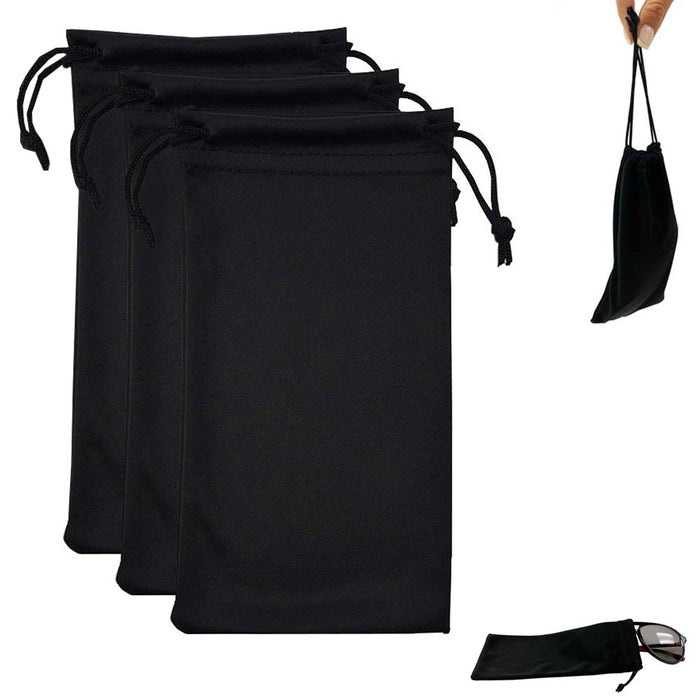 3 Pc Microfiber Black Pouch Bag Soft Premium Case Sunglasses Eyeglasses Cleaning