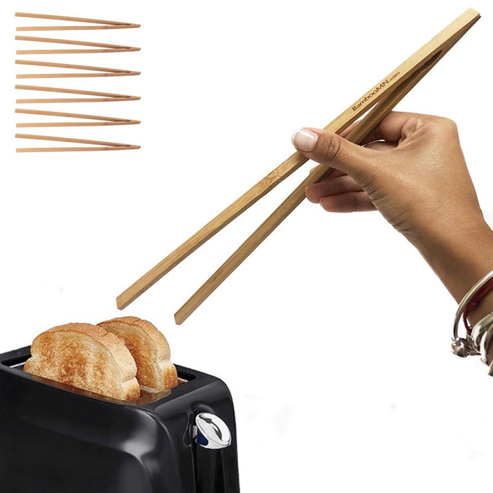 6 Bamboo Toast Tongs 12" Wooden Straight Arm Bread Bagel Fruit Toaster Kitchen
