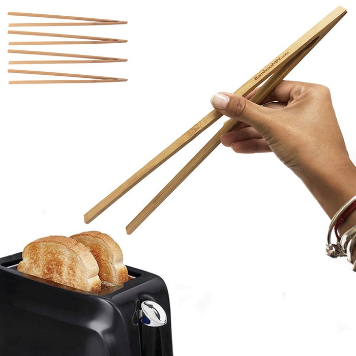 AllTopBargains 4 Set Bamboo Toast Tongs 12 Bagel Fruit Bread Bacon Straight Arm Toaster Wooden