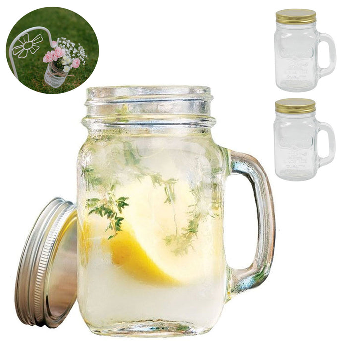 2 Pc Vintage Clear Mason Jar Handle & Lid Tumbler Mug 16 oz Drinking Glass Party