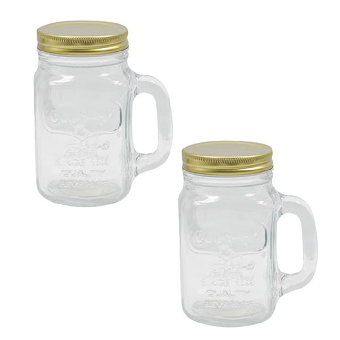 2 Pc Vintage Clear Mason Jar Handle & Lid Tumbler Mug 16 oz Drinking Glass Party