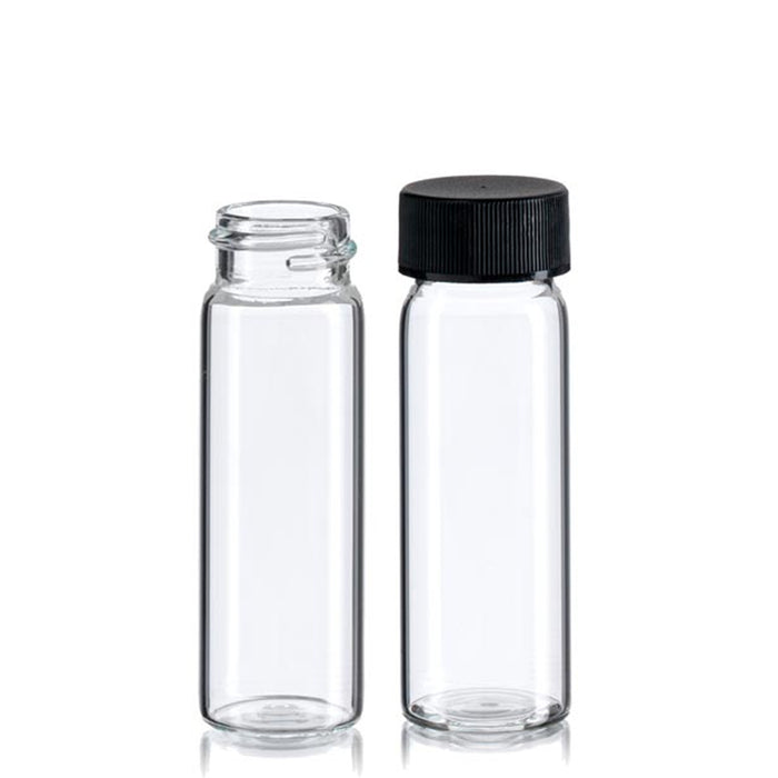 80PC Bottles Mini Clear Glass Vial Sample Black Cap 1 3/8 Tall 4 mL Gold Panning