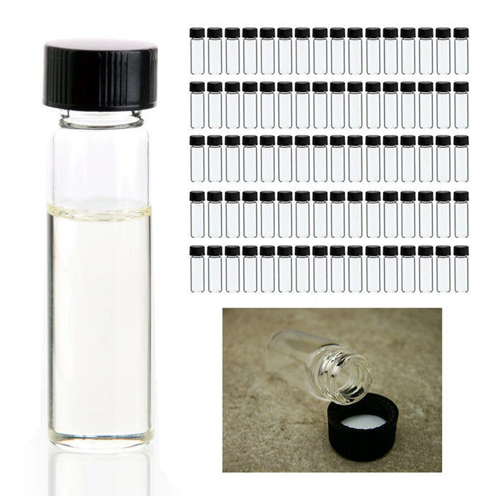 80PC Bottles Mini Clear Glass Vial Sample Black Cap 1 3/8 Tall 4 mL Gold Panning