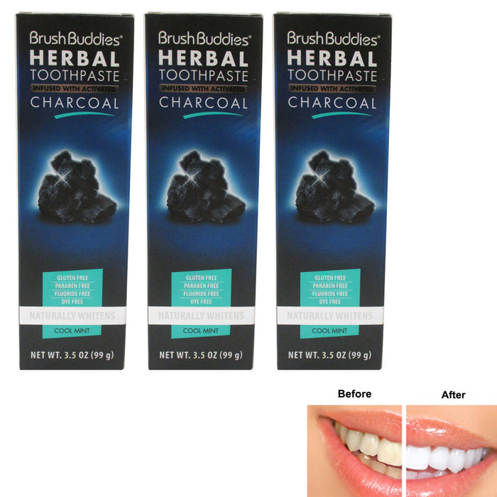 3Pack Brush Buddies Herbal Toothpaste Activated Charcoal Cool Mint Fluoride Free