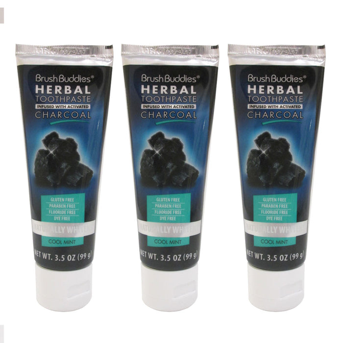 3Pack Brush Buddies Herbal Toothpaste Activated Charcoal Cool Mint Fluoride Free
