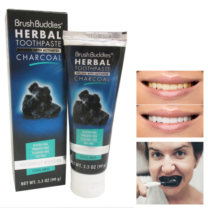 Brush Buddies Herbal Toothpaste Infused Activated Charcoal Cool Mint Whitens New