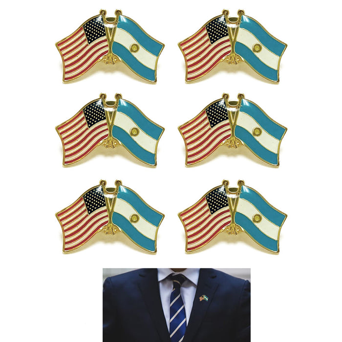 6 PC US Argentina Crossed Double Flag Lapel Pins American Friendship Pin Badge