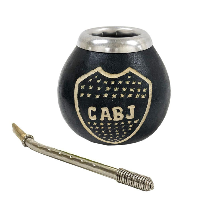 Boca Juniors Mate Gourd Bombilla Straw Set Yerba Tea Drink Cup Hand Carved CABJ