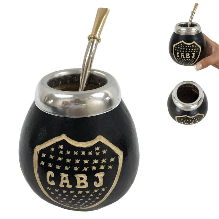 Boca Juniors Mate Gourd Bombilla Straw Set Yerba Tea Drink Cup Hand Carved CABJ