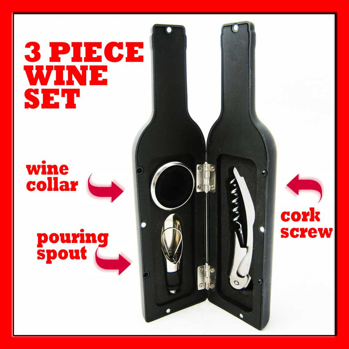 3Pc Wine Bottle Opener Accessory Gift Set Corkscrew Opener Kit Stopper Pourer
