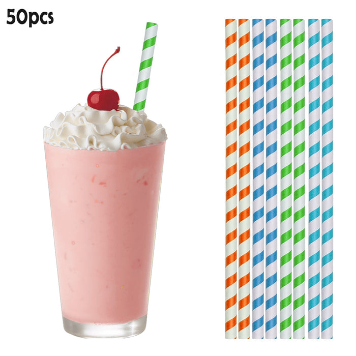 50PC Long Paper Straws 10" Biodegradable Color Stripes Eco-Friendly Drinks Decor