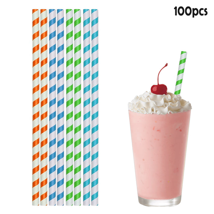 100ct Paper Straws Smoothie 10.25" Eco-Friendly Color Stripes Home Drinks Party