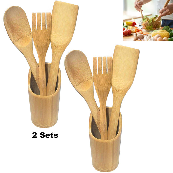 8 Pc Bamboo Cooking Utensils Set Wooden Kitchen Tools Spatula Spoon Fork Holder