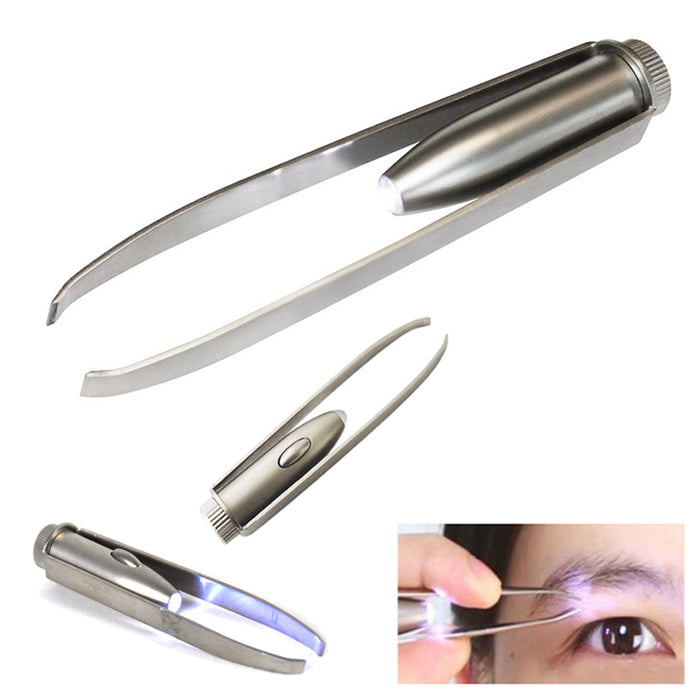 2 LED Light Tweezer Portable Hair Removal Eyebrow Beauty Make Up Stainless Steel
