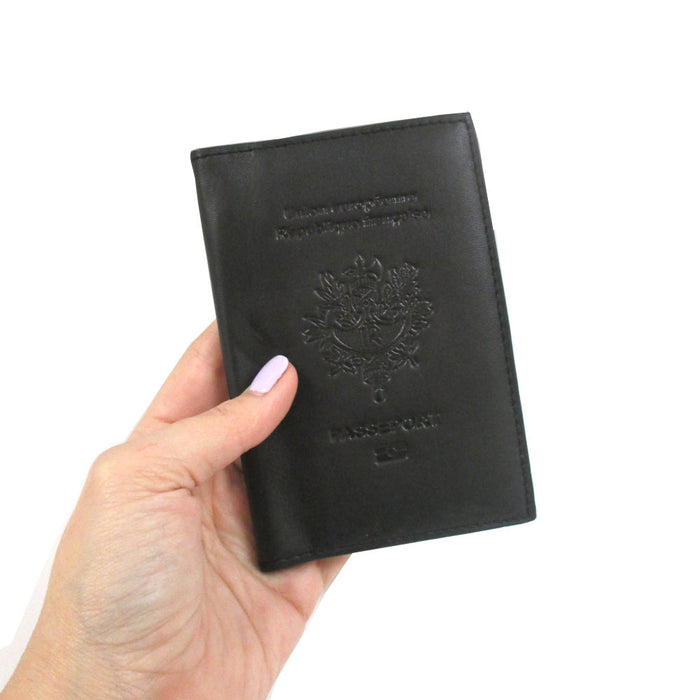 French Leather Passport Holder ID Credit Card Cover Case Travel Wallet France BK