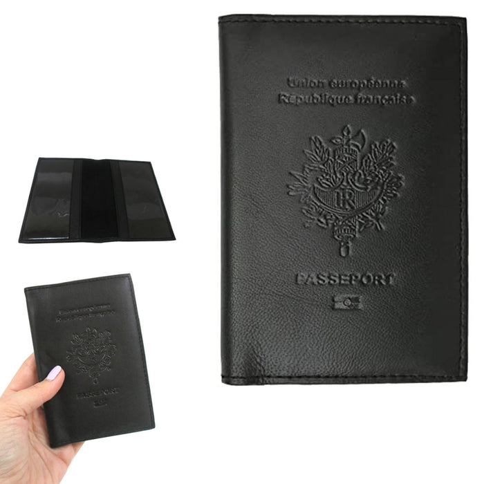 French Leather Passport Holder ID Credit Card Cover Case Travel Wallet France BK