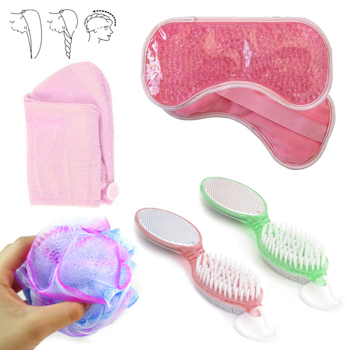 4 Pc Gift Women Bath Spa Set Gel Mask Body Shower Loofah Hair Wrap Pumice Brush