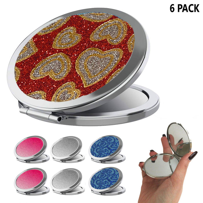 6 Pc Double Sided Compact Mirror Glitter Design Magnifying Cosmetic Travel Stand
