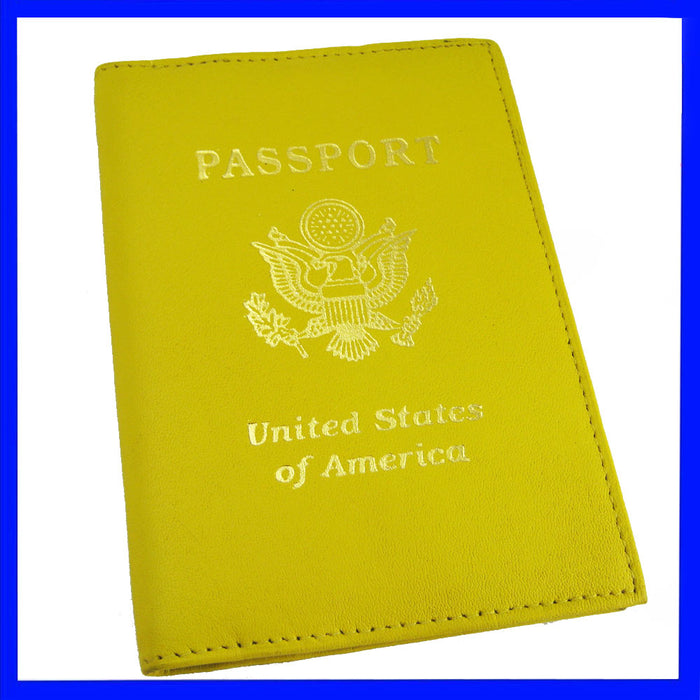 Genuine Leather Passport Holder Yellow Cover Case Travel Wallet Us Seal Gold New