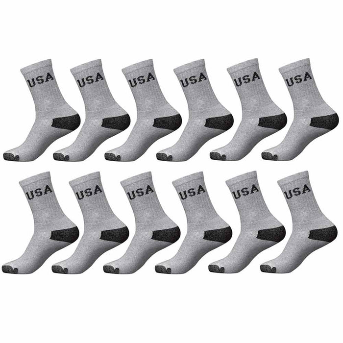 12 Pairs Mens Crew USA Socks Sports Athletic Cushioned Soccer 9-11 Cotton Grey