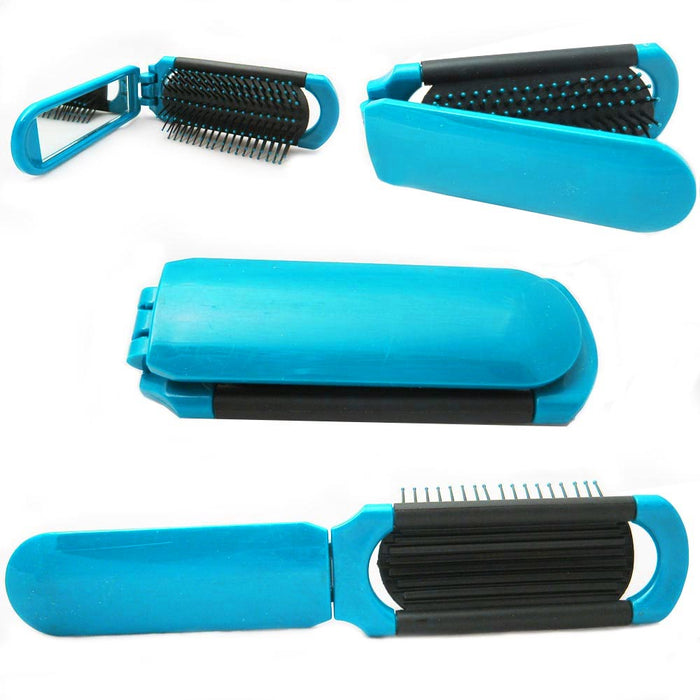 5 Pc Compact Folding Hair Brush With Mirror Handbag Pocket Size Gym Bag Purse