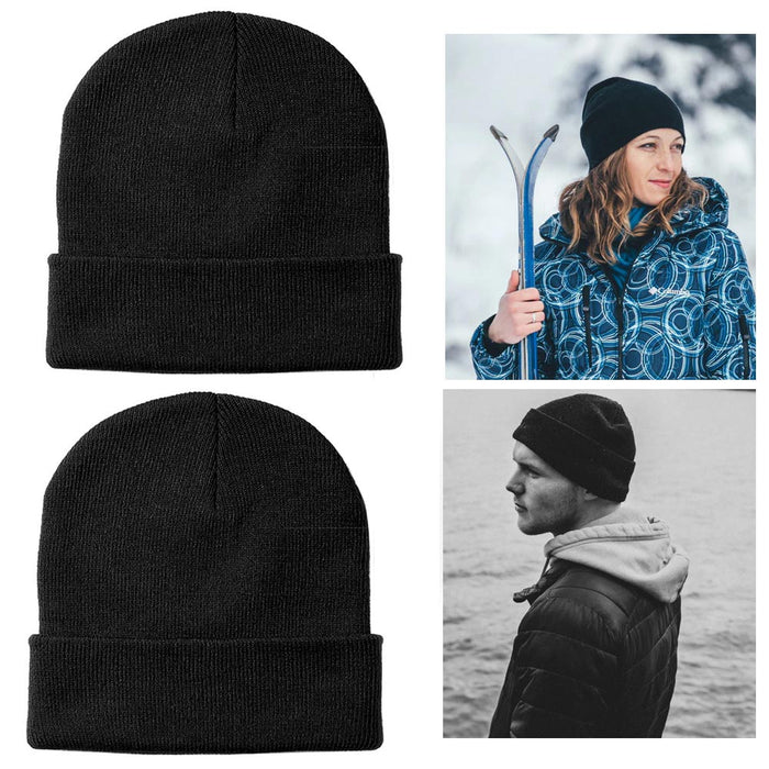 2Pc Winter Plain Beanie Knit Hat Soft Skull Ski Cap Warm Cold Weather Solid Cuff