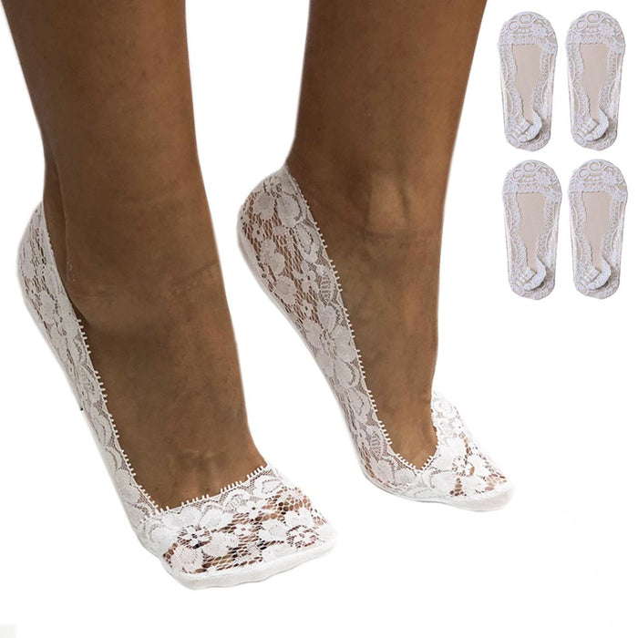 2 Pairs Womens Lace No Show Socks Liner Anti Slip Low Cut Toe Ankle Cotton Blend