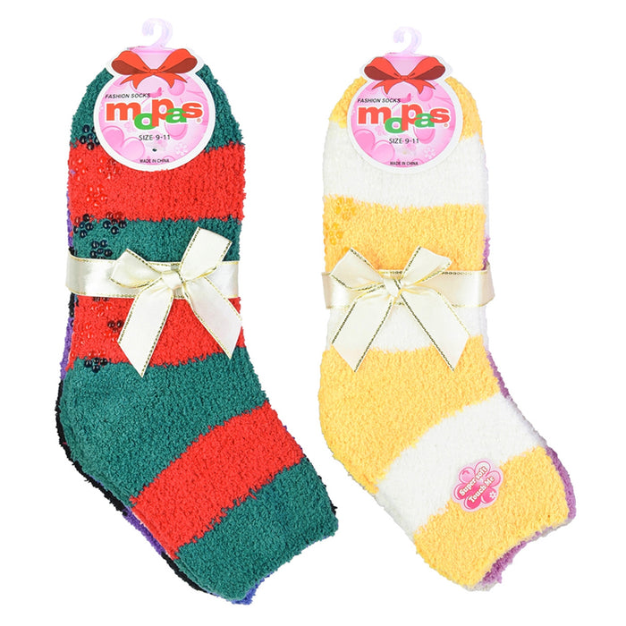 3 Pairs Soft Cozy Fuzzy Socks Warm Non Skid Striped Women Girl Home Slipper 9-11