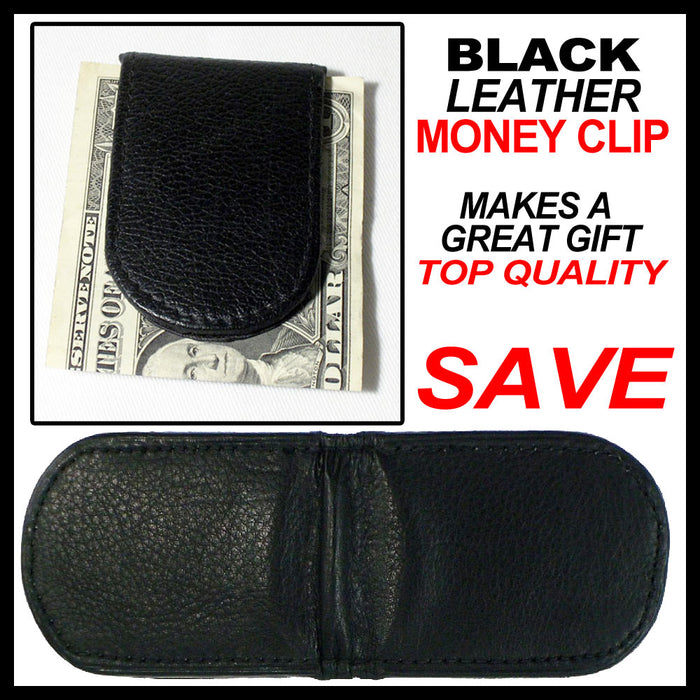 MENS BLACK LEATHER MONEY CLIP MAGNETIC THIN WALLET HOLDER ID CREDIT CARD NEW !