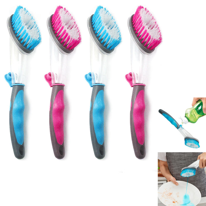 4pc Dish Brush Soap Dispenser Scrubber Clean Kitchen Pots Pans Dishes Dishwand