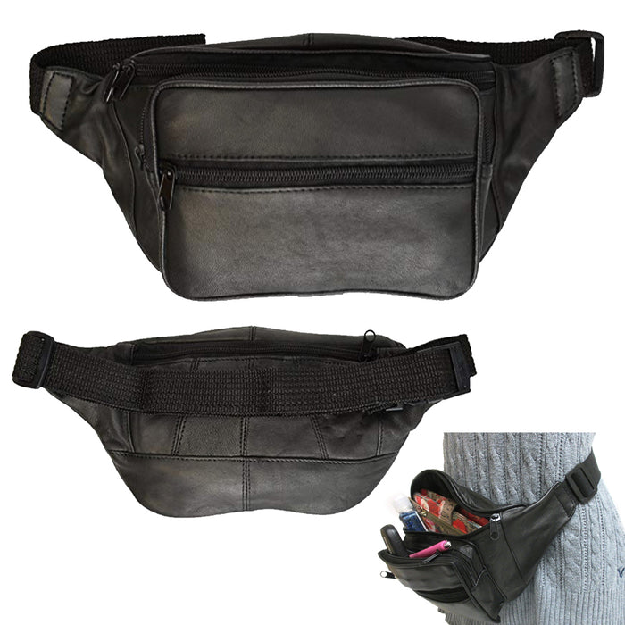 Black Leather Fanny Pack Waist Bag Adjustable Travel Pouch Mens Womens Hip Purse