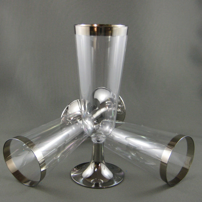 120 Wedding Champagne Flute Disposable Glasses Party Plastic Wine Silver Rim New