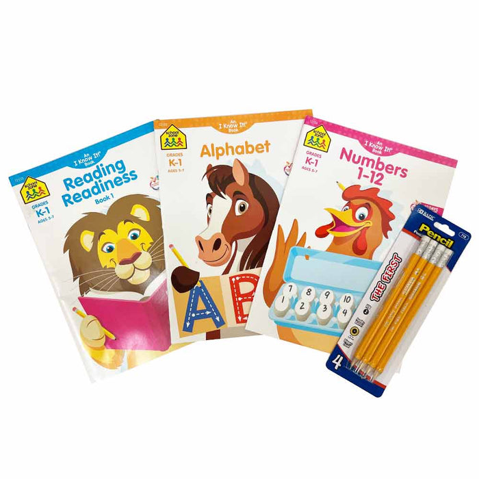 7 PC Kit School Zone Activity Books With Pencils Kids Alphabet Kinder Ages 5-7