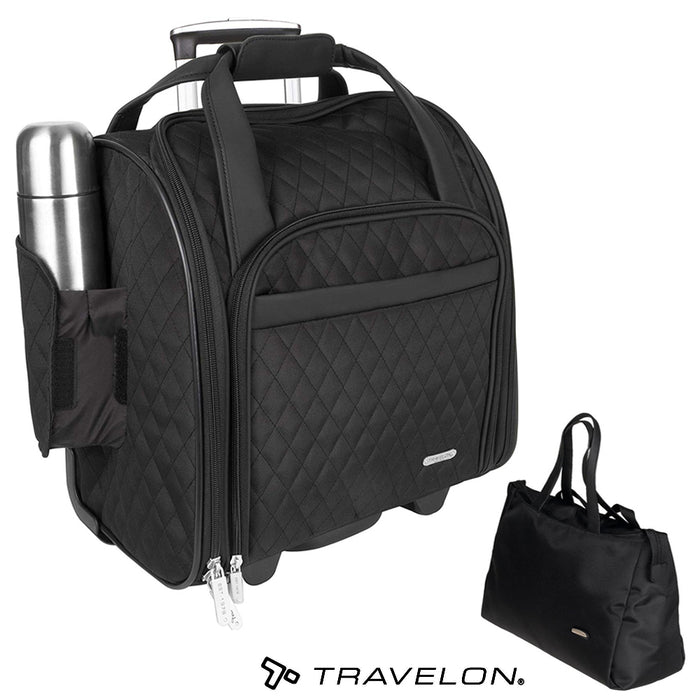2 PCS Travelon Underseat Spinner Bag Carry-On Wheeled with Back-Up Bag Black Set