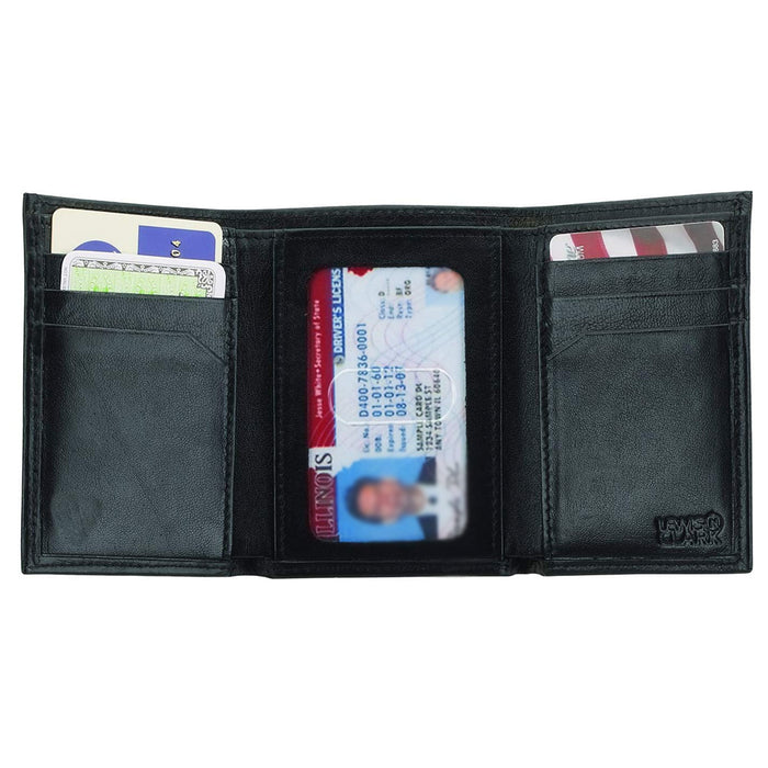 Trifold Leather Black Wallet For Men RFID Slim Design Card Safety Lewis N. Clark
