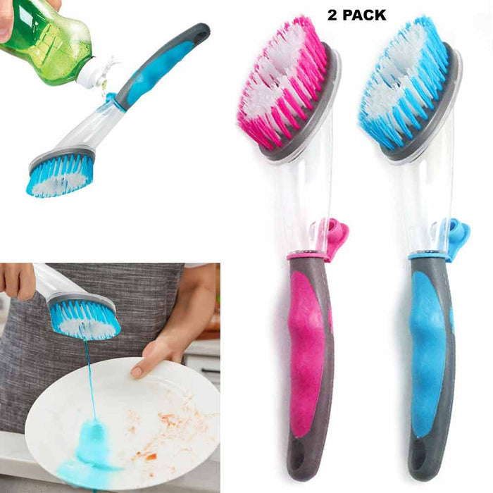 2 Dish Brush with Soap Dispenser Scrubber Kitchen Scrub Pots Pans