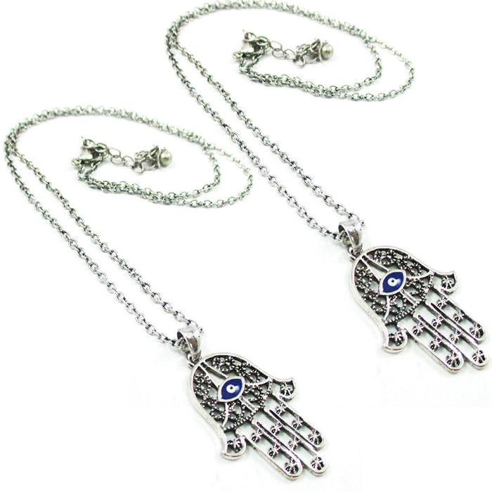 2 Pc Hamsa Hand Necklace Lucky Evil Eye Pendant Chain Necklace Kabbalah Fatima