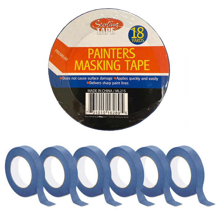 12 Rolls Painters Blue Masking Tape 1 Inch x 18Yds Less Edge Bleed Multi-Surface