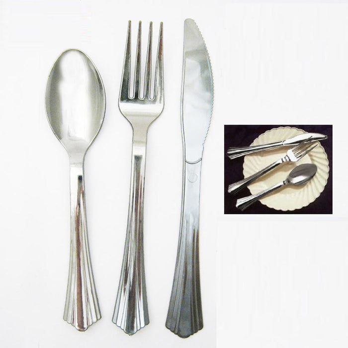 18 Plastic Cutlery Silver Forks Knives Spoons Party Tableware Disposable Elegant