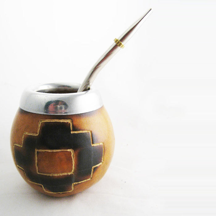 PAMPA ARGTENTINA CROSS CARVED MATE GOURD FOR YERBA OR TEA WITH STRAW BOMBILLA HANDMADE NATURAL 6952